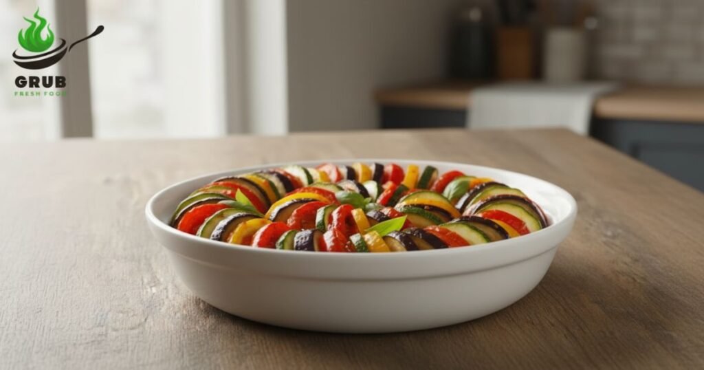 Traditional French Ratatouille Dish Recipe with zucchini, eggplant, peppers, and tomatoes in a ceramic dish.