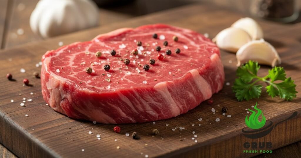 Raw round steak cut on a wooden board with herbs and garlic.