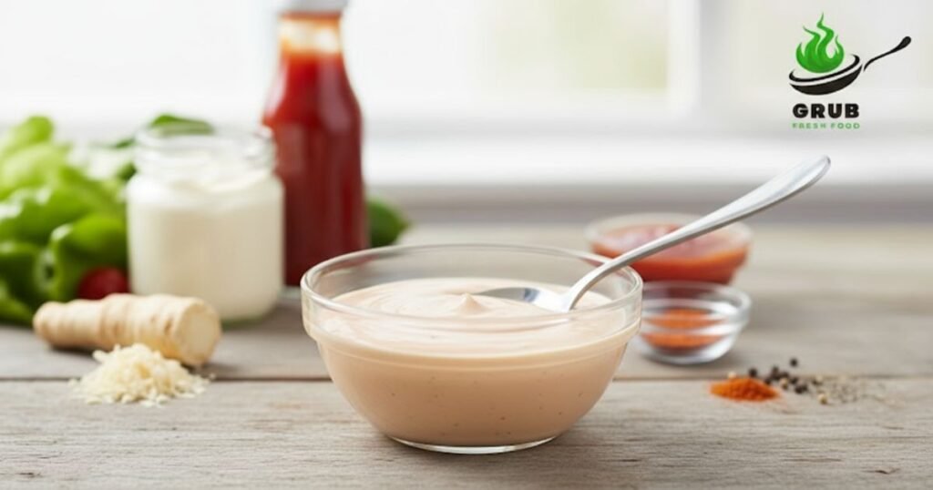 Homemade Russian salad dressing in a glass bowl with fresh ingredients around it.