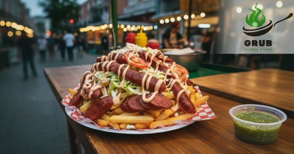 Traditional Colombian salchipapa with fries, sausage, and sauces.