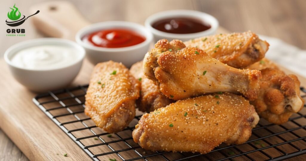 Crispy golden chicken wings with crunchy skin served with dipping sauces.