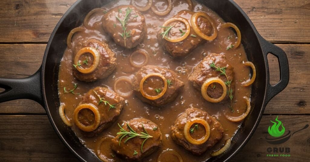 Round steak cooking in savory brown gravy with onions and herbs.