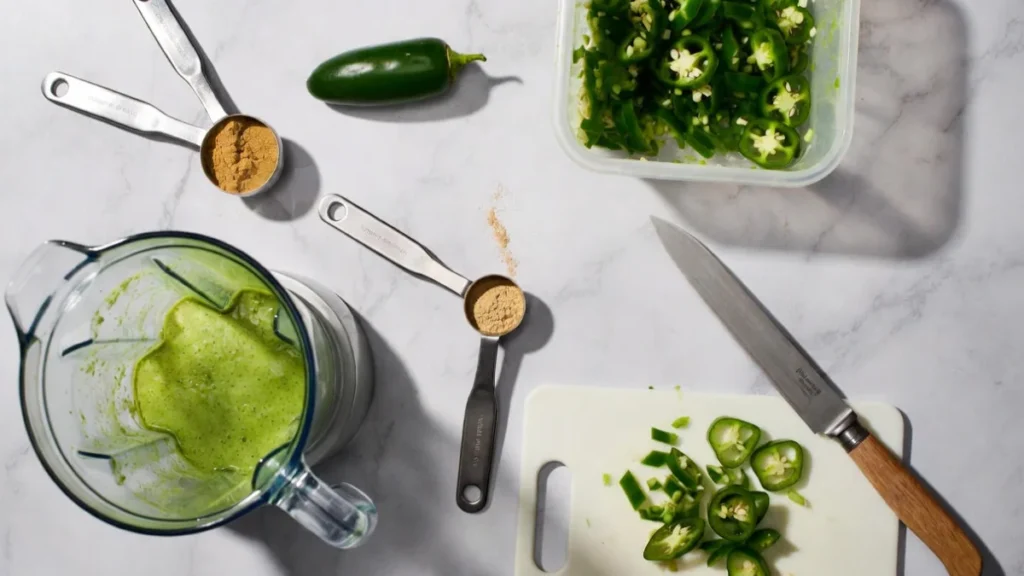 Kitchen tools including blender, measuring spoons, and cutting board ready for making jalapeño ranch.