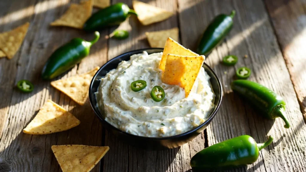 Bowl of Chuy’s Jalapeño Ranch dip surrounded by chips and fresh jalapeños.