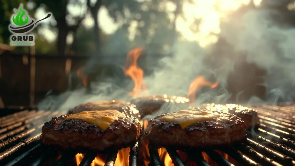 Juicy crack burgers cooking on a grill with melted cheese and smoke.