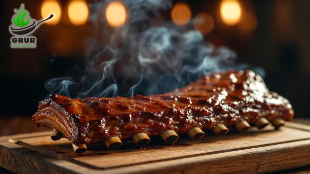 Perfectly smoked baby back ribs glazed with barbecue sauce on a wooden board