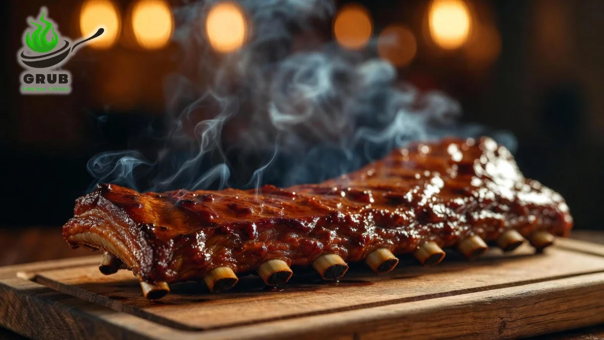 Perfectly smoked baby back ribs glazed with barbecue sauce on a wooden board
