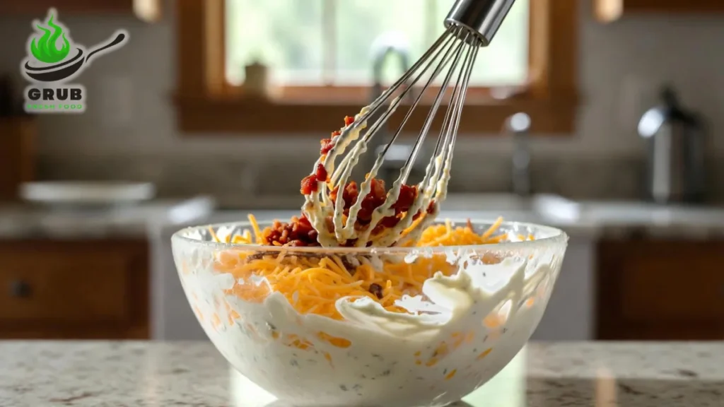 Bowl of ranch, cheddar, and bacon being mixed into creamy crack burger recipe sauce.