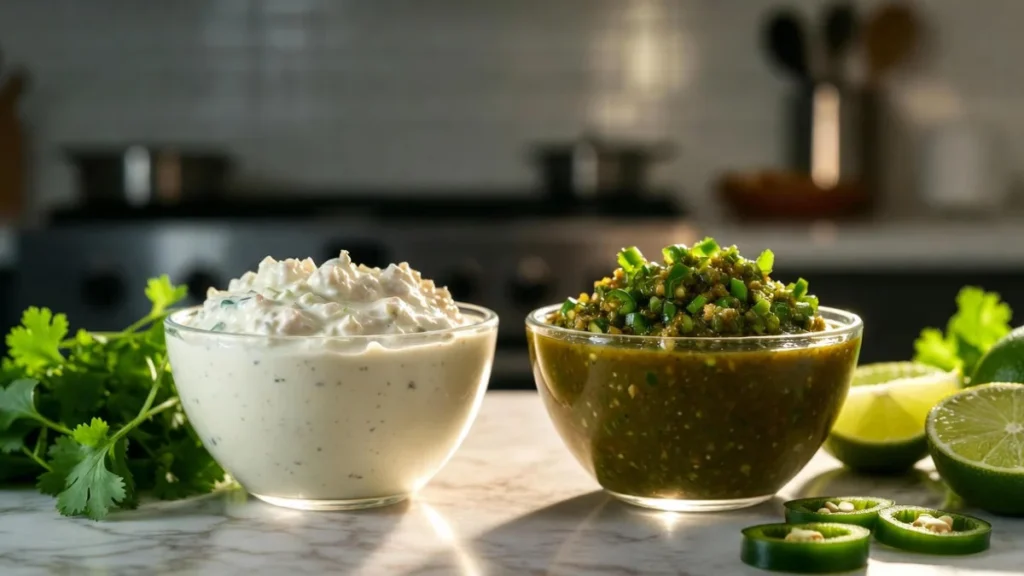 Classic and updated versions of Chuy’s Jalapeño Ranch side by side with fresh ingredients.