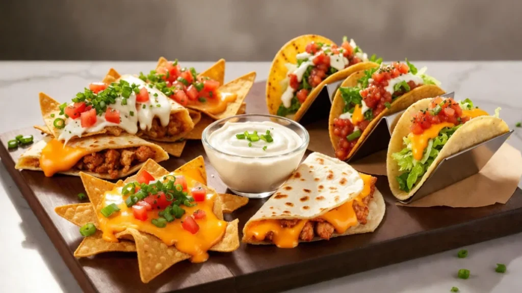 Assorted Tex-Mex appetizers with jalapeño ranch in the center for dipping.