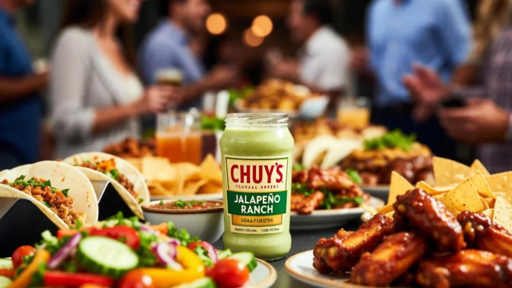 Chuy’s Jalapeño Ranch served with tacos, wings, and vegetables for dipping.