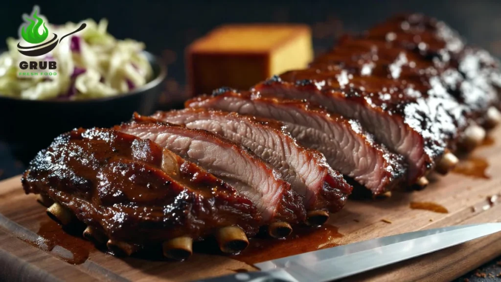 Smoked baby back ribs sliced and plated with barbecue glaze