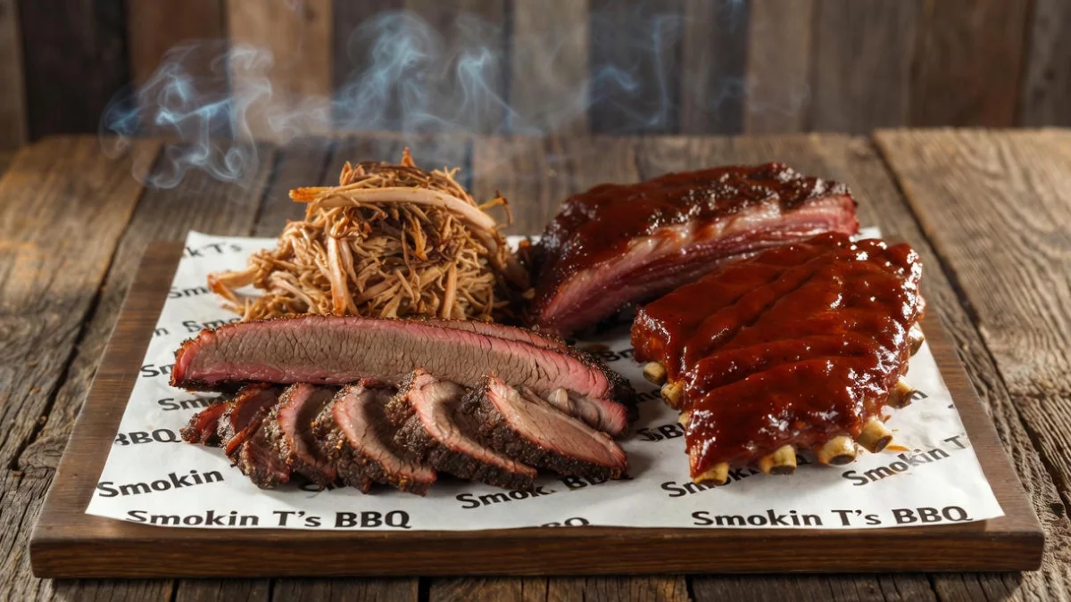 smokin t's BBQ platter with smoked brisket, ribs, and pulled pork on a wooden table.