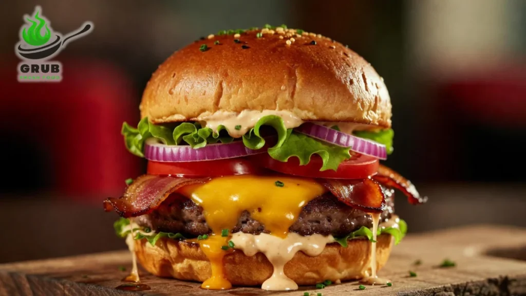 Cinematic close-up of a juicy crack burger with melted cheese, crispy bacon, and ranch sauce.