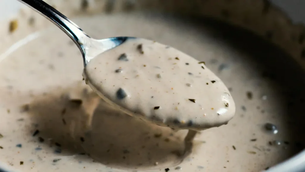 Spoon dipping into a creamy bowl of Chuy’s Jalapeño Ranch dressing.