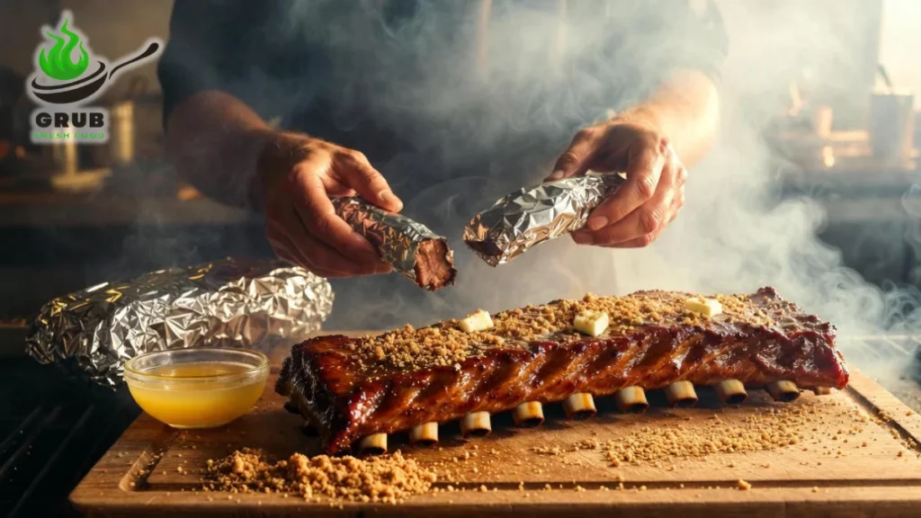 Pitmaster wrapping baby back ribs in foil with butter and brown sugar